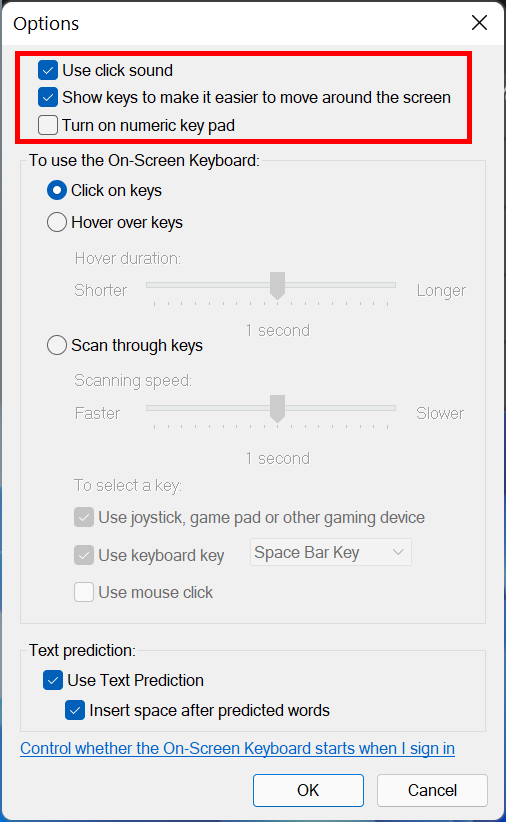 Enable Use click sound, Show keys or the Numeric keypad